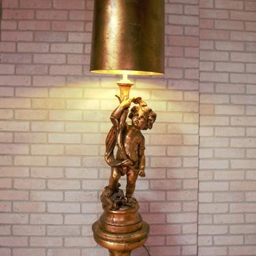 Art Nouveau Gold Cherub/Putti Table Lamp with Stand and Shade