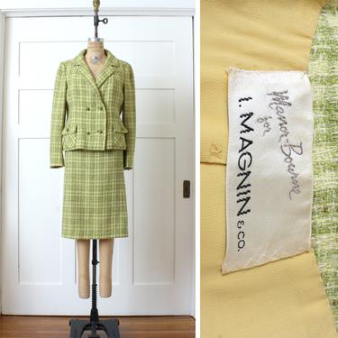 womens vintage 1960s suit • light green plaid wool set • I Magnin jacket & skirt with pockets 