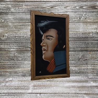 Vintage Velvet Elvis Painting, Elvis Presley Framed Art, Singing Elvis in Jumpsuit Black Velvet Painting, The KING, Vintage Wall Decor 