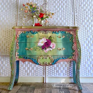 Purple Gold Teal French Provincial Bombe Chest or Dresser. Vintage Chest. Entryway Accent Table. Boho, Eclectic, French Country Bedroom. 