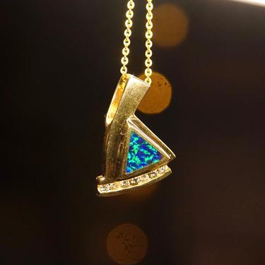 Vintage Modernist 14K Gold Opal Diamond Pendant, Inlaid Blue Opal Stone, 7 Brilliant Diamonds, .21 TCW, Abstract Yellow Gold Pendant, 1&quot; L 