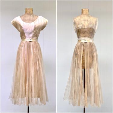 Vintage 1950s Custom Bridal Ensemble, Champagne Duchesse Satin Wedding Dress w/Mesh Lace Overskirt & Camisole, X Small 32&quot; Bust / 24&quot; Waist 