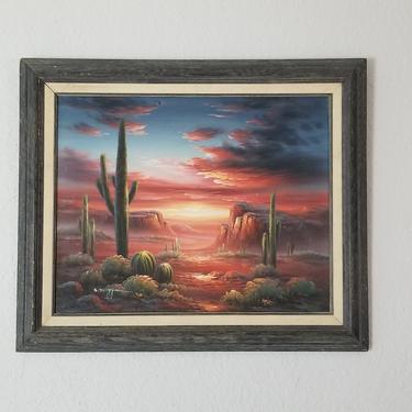 B. Duggar Vintage Desert With Cactus Landscape Painting . 