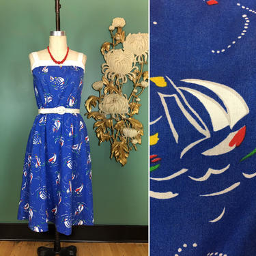 1970s sundress, sailboat print, vintage 70s dress, novelty print dress, m c Boston, summer dress, blue and white cotton, small medium, boat 