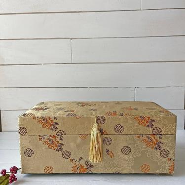 Vintage Floral Jewelry Box With Green Velvet And Tassel // Asian Themed Jewelry, Trinket Box // Boho, Chic, Yellow Vanity Box // Gift 