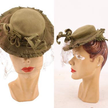 40s New York CREATIONS green disc tilt hat / vintage 1940s round mini cocktail fascinator w/ veil 1930s 