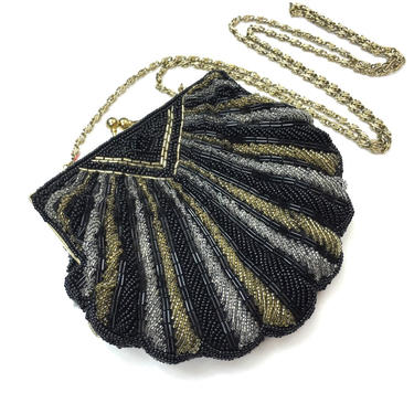 1960s Black Beaded Bag | 60s Metallic Gold Shell Evening Bag 