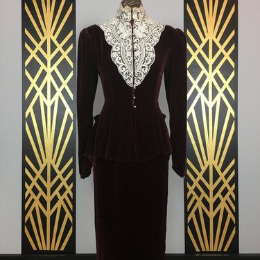 Jessica McClintock, merlot silk velvet, vintage 80s suit, victorian style, cottagecore, peplum jacket and skirt, x small, puff shoulders 