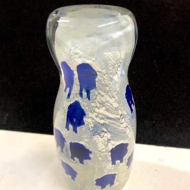Colleen Ott Blue Pigs Art Glass Egg Paperweight 