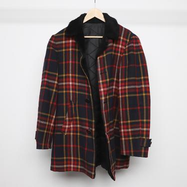 vintage 70s PLAID red & black FLANNEL faux fur lined JACKET warm winter jacket -- size medium 