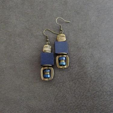 Blue sodalite and bronze geometric dangle earrings, mid century modern earrings, boho chic earrings, bold statement earrings, contemporary 