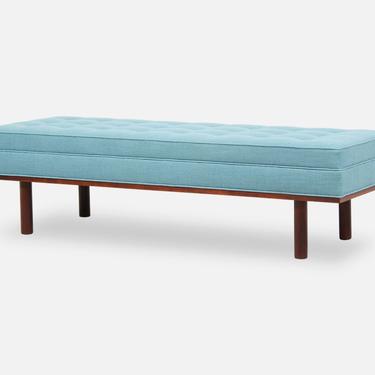 Mid-Century Tufted Bench with Accent Walnut Base