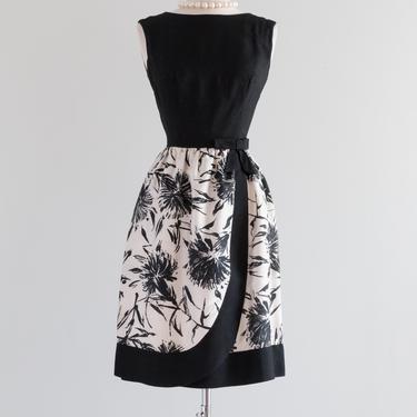 Elegant 1960's Black and White Floral Print Cocktail Dress  / Waist 26"