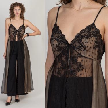 70s Black & Nude Tie Front Negligee Dressing Gown - Medium | Vintage Floral Lace Trim Mesh Maxi Peignoir Slip Dress 