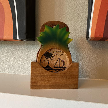 Vintage Wood Tiki Bar Coaster Set Pineapples 