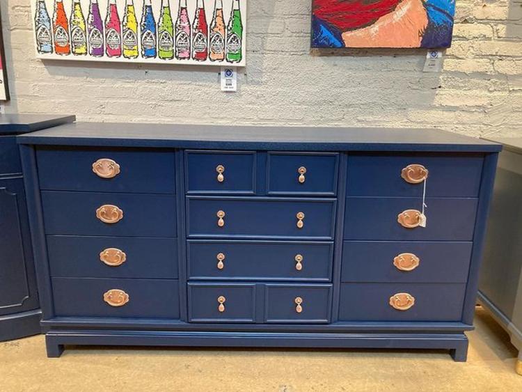 Stunning 12 drawer navy painted dresser. 62” x 20” x 32” 