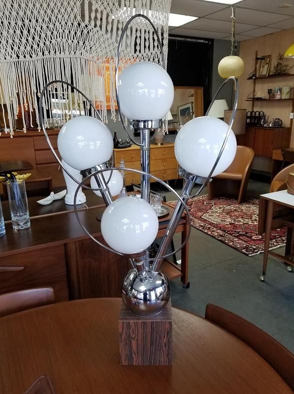 Mid-Century Modern chrome and orb lamp with rosewood base