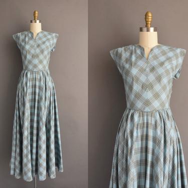 1950s vintage dress | Blue & Gray Plaid Print Cotton Full Skirt Summer Dress | XS Small | 50s dress 
