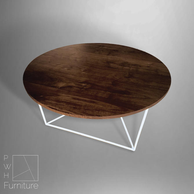 Modern Coffee Table,  Round Table with Solid Walnut Top and Triangle Steel Base, 