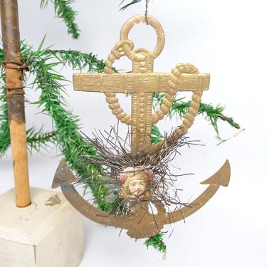 Antique Early 1900's Victorian Anchor Embossed Die Cut and Tinsel Christmas Scrap Ornament, Gold Dresden Paper 
