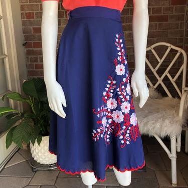 1970s Navy Blue Embroidered Flower Wrap Skirt