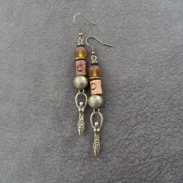 Orange sea glass earrings, boho chic earrings, tribal ethnic earrings, bold earrings, long brass earrings, goddess earrings, bohemian 2 