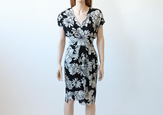 80s black and white floral wiggle dress xs/s 
