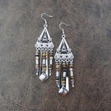 Silver chandelier earrings, bold statement earrings, gypsy earrings, ethnic earrings, boho chic earrings, bohemian earrings, brown agate 