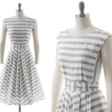 Vintage 1980s Sundress | 80s does 50s Striped Nautical Sailor Cotton Grey White Fit and Flare Full Skirt Belted Day Dress (small) 
