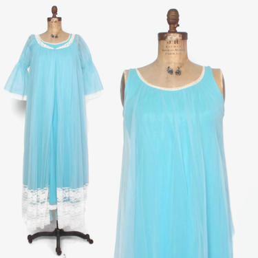 Vintage 60s Nightgown &amp; Peignoir SET / 1960s Sheer Blue Miss Elaine Double Chiffon Lace Trim Set 