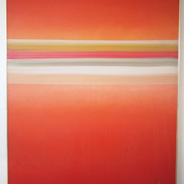 Original Vintage Robert LAWSON Hard Edge ABSTRACT PAINTING 55x41&amp;quot; Oil / Canvas, Mid-Century Modern op Art red orange eames knoll era 
