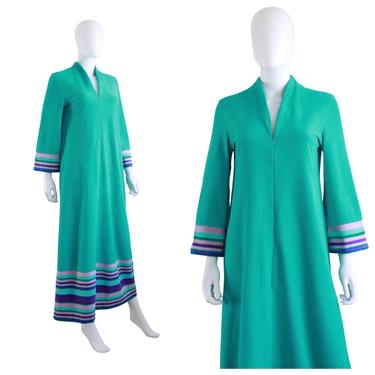 1970s Vanity Fair Teal & Purple Stripe House Dress - 70s Teal House Dress - 70s Robe - Vintage House Dress - 70s Dressing Gown | Size Small 