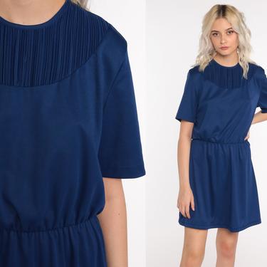 70s Mini Dress Plain Dark Blue Short Sleeve 80s High Waist Dress Simple Day Dress Casual Dress Vintage Boho Medium 