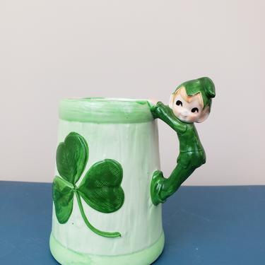 Vintage 1950's St. Patrick Day Mug / 60s Shamrock Elf Pixie Kitch Knick Knack Ceramic 