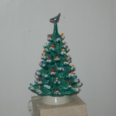 21&amp;quot; tall w/o topper, Ceramic Christmas Tree w Bowls, Birds &amp; Bulb Ornaments ~ 21&amp;quot; Blue Green Ceramic Christmas Tree w/ Snow Covered Branches 