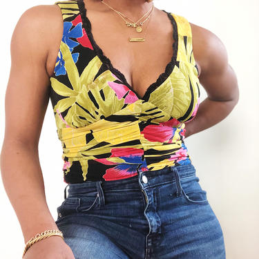 Vintage 1990s 2000s 00s Deep V Low Cut Tank Top Lace Trim Pleated Ruched Side Zip Floral Bright Monstara Plant Print Sleeveless Blouse Cache 