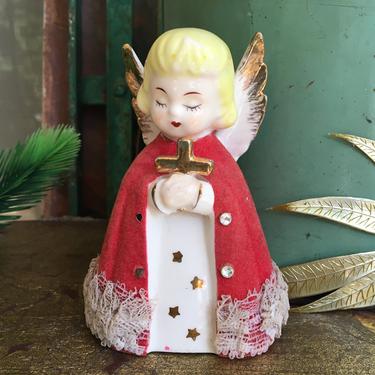 Vintage Flocked Christmas Angel Holding Cross, Red Flocked Robe, Angel Figurine, Mid century Xmas Decor 