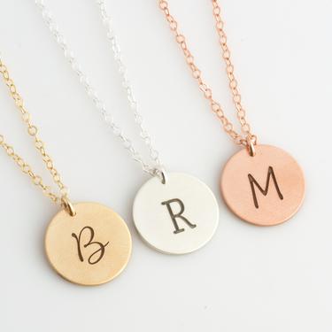Personalized Disc Necklace, Gold Initial Necklace, Engraved Initial Necklace, 14K Gold Fill, Mothers Day Gift, Gift for Her,LEILAJewelryShop 