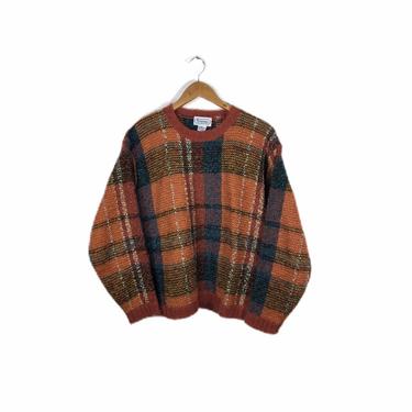 Vintage Burnt Orange Mohair Wool Blend Plaid Sweater 