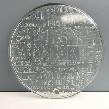 Glass cake plate with cake name typography by Jeanette - 1970s vintage 