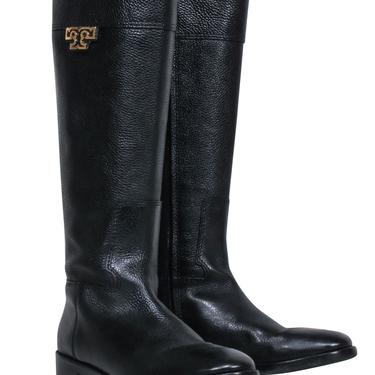 Tory Burch - Black Pebbled Leather Block Heel Riding Boots w/ Gold Logo Sz 8
