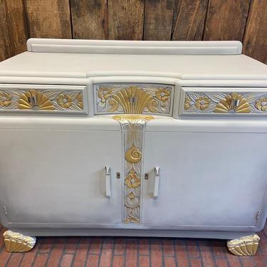 Large French Art Deco painted gray and gold buffet server, Repurposed server, elegant dinning room buffet, grey and gold bar, Art Deco bar 