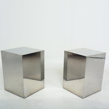 Minimalist Cube Stainless Steel Side Tables Style of Paul Evans 1970s - a Pair 