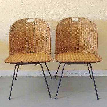 Vintage Modern Salterini Style Wicker and Wrought Iron Side Chairs - Set of 2 