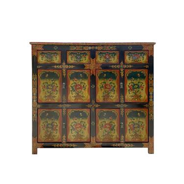 Chinese Tibetan Orange Yellow Flower Graphic Credenza Storage Cabinet cs7175E 