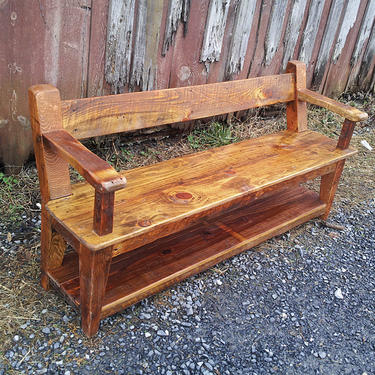 Custom Reclaimed Wood Relaxed Back Farm Bench with Armrests 