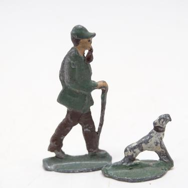 Antique Heinrichsen German Flat Lead Figure of a Man with Dog, Vintage Hand Painted Lead Toy for Christmas Putz 
