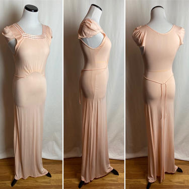 40’s peachy slip dress~ bias cut rayon knit~ 1940s bombshell gown capped sleeves~ lacy crocheted nighty sexy nightgown 
