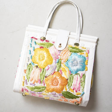 1960s Purse Woven Floral Top Handel Tote Bag 