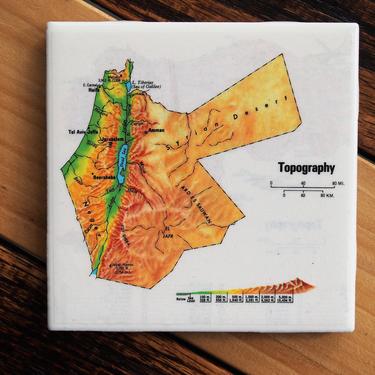 1983 Jordan Israel Topography Handmade Repurposed Vintage Map Coaster - Ceramic Tile - Repurposed 1980s Funk and Wagnalls Atlas - Terrain 
